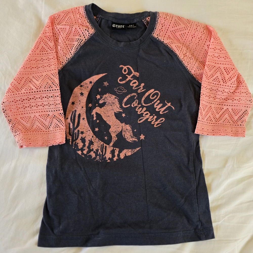 Cruel Girls Cowgirl Graphic Tee Coral Lace Sleeve Grey Girls S